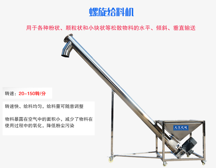 螺旋送料機用于各種粉狀、顆粒狀和小塊狀等松散物料的水平、傾斜、垂直輸送